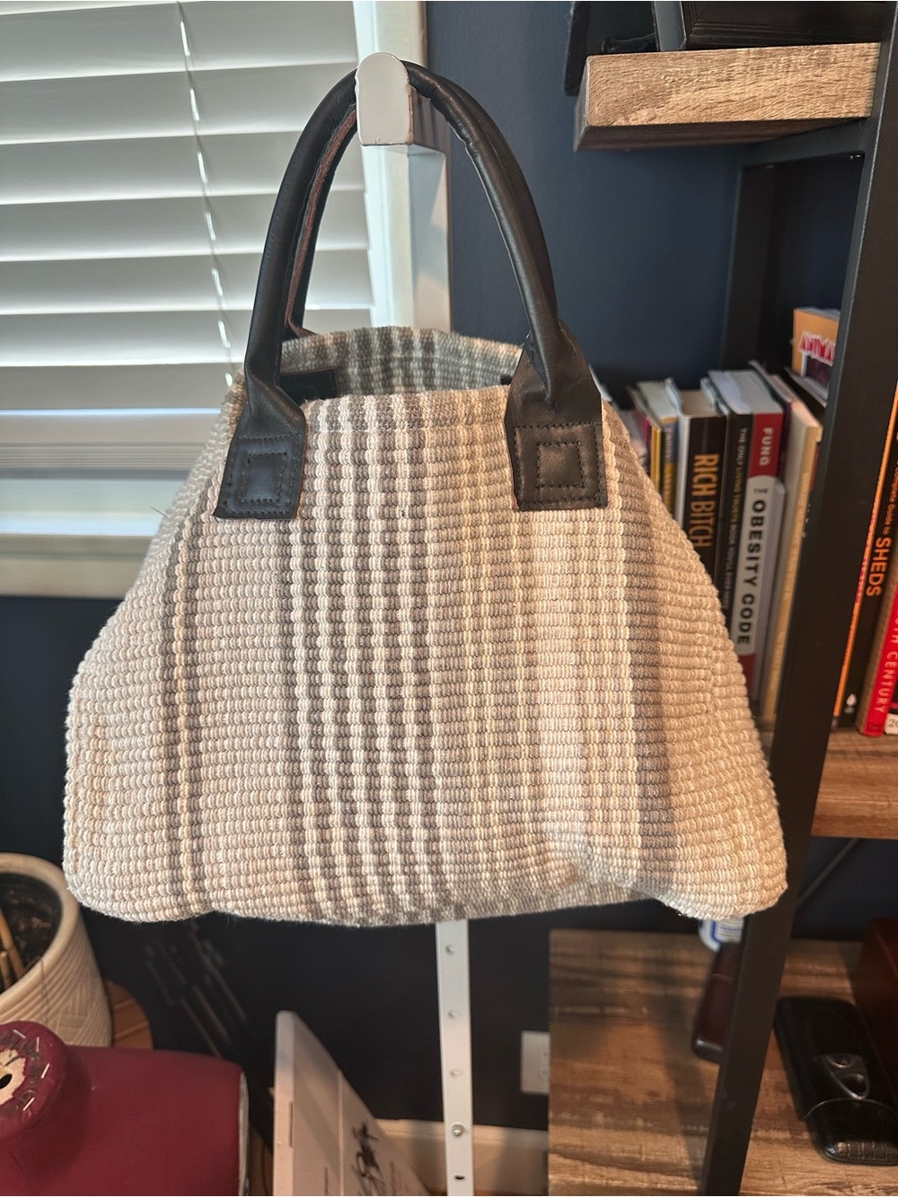 Dash & Albert Rug Company Neutral Knit Tote Bag with Dark Leather Handles
